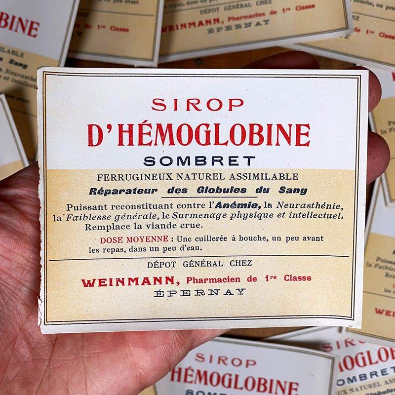 étiquette ancienne pharmacie hinglais reims epernay marne 1900 1920 sirop d'hémoglobine sombret