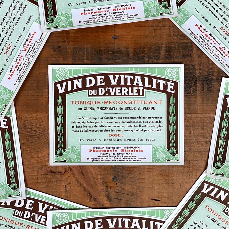 étiquette ancienne pharmacie hinglais reims epernay marne 1900 1920 vin de vitalité du dr verlet