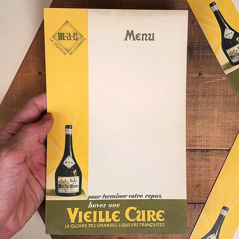 menu ancien en papier illustré illustration liqueur vieille cure alcool 1930 1940