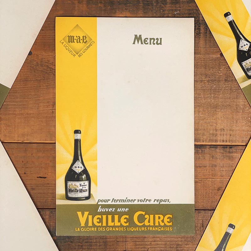 menu ancien en papier illustré illustration liqueur vieille cure alcool 1930 1940