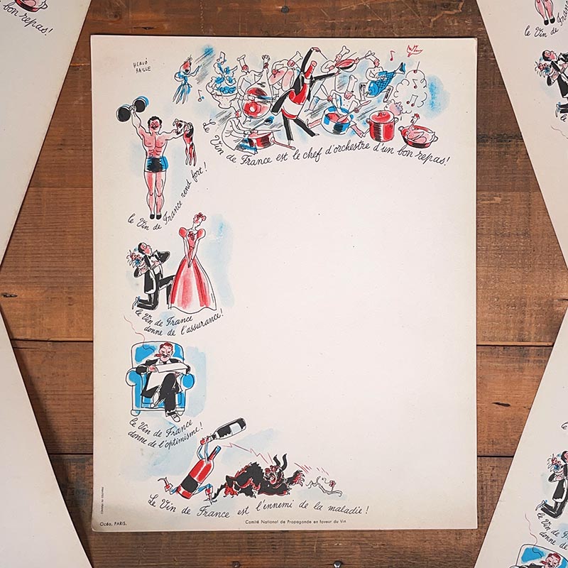 menu ancien en papier illustré illustration hervé baille comité en faveur du vin france 1960 1950