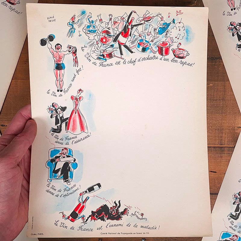 menu ancien en papier illustré illustration hervé baille comité en faveur du vin france 1960 1950