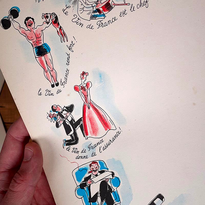 menu ancien en papier illustré illustration hervé baille comité en faveur du vin france 1960 1950