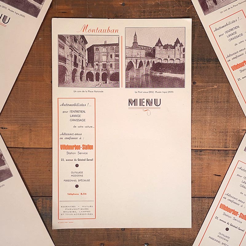 menu ancien en papier illustré illustration montauban garage station 1940