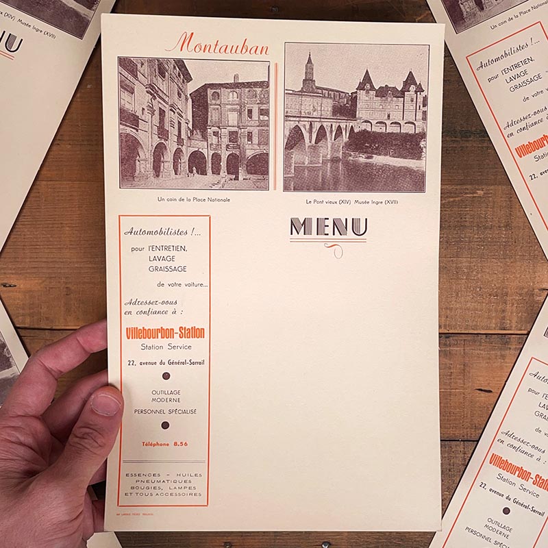 menu ancien en papier illustré illustration montauban garage station 1940