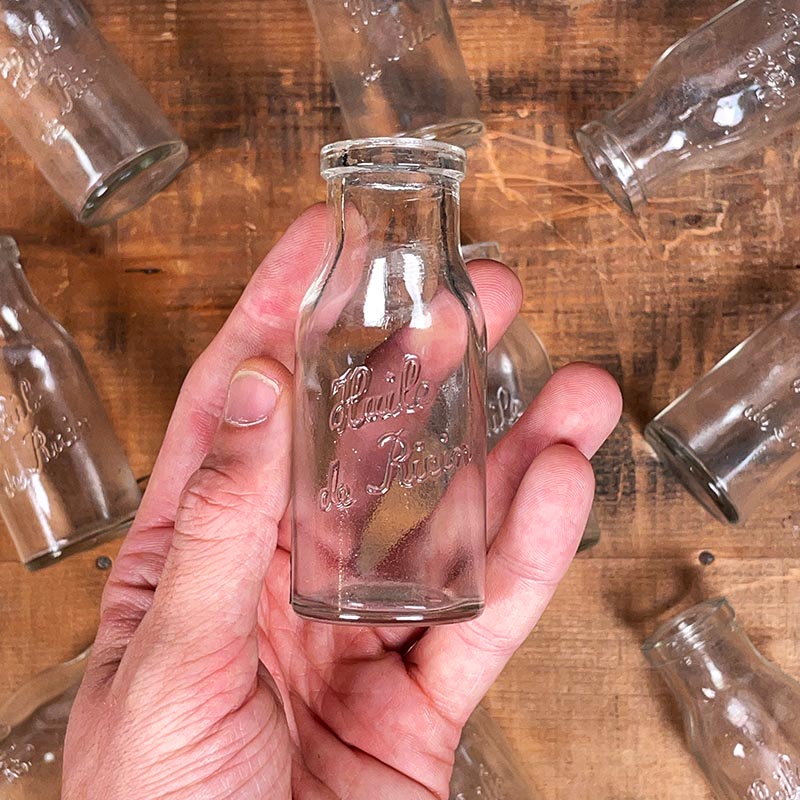 petit flacon ancien vintage huile de ricin laboratoire 1930 verre transparent