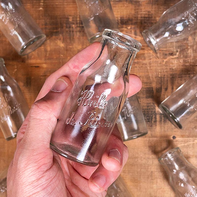 petit flacon ancien vintage huile de ricin laboratoire 1930 verre transparent