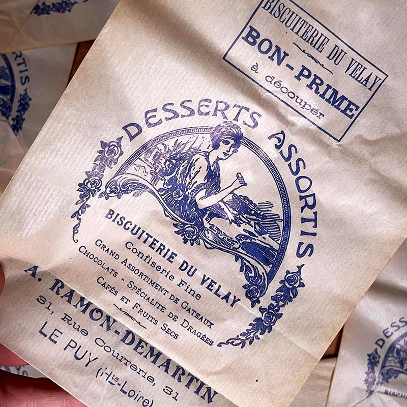 sachet ancien biscuiterie du velay biscuit boutique ancienne le puy emballage papier vintage 1930 bon prime