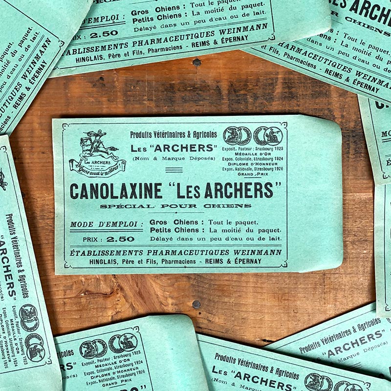 sachet ancien pharmacie hinglais reims epernay marne 1900 1920 canolaxine les archers chiens vétérinaire
