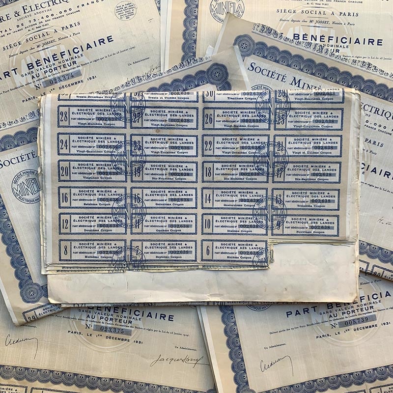 action société minière et électrique des landes minela porteur imprimerie banque 1930 1931 papier