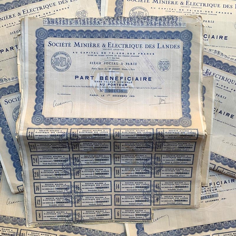 action société minière et électrique des landes minela porteur imprimerie banque 1930 1931 papier