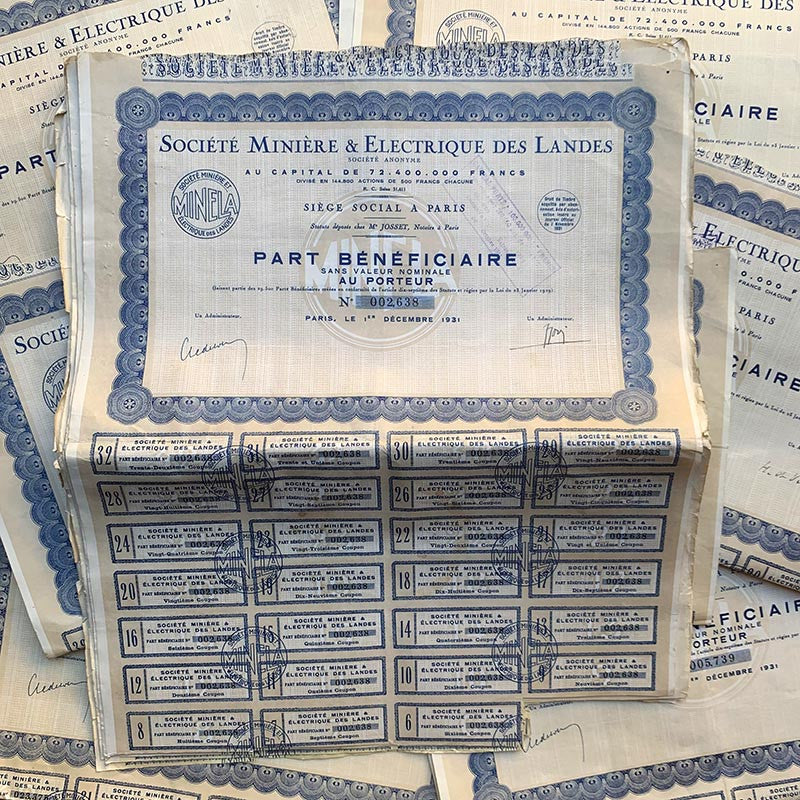 action société minière et électrique des landes minela porteur imprimerie banque 1930 1931 papier