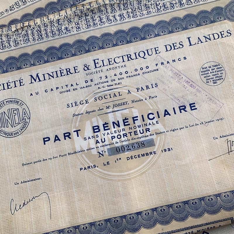 action société minière et électrique des landes minela porteur imprimerie banque 1930 1931 papier
