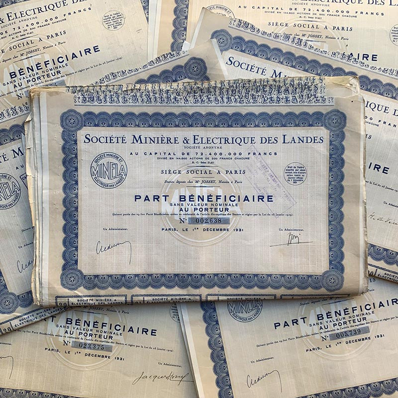 action société minière et électrique des landes minela porteur imprimerie banque 1930 1931 papier
