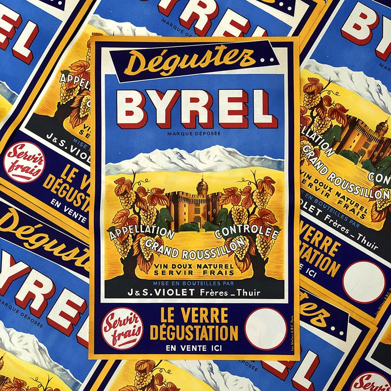 affiche ancienne papier byrel apéritif bar restaurant ancien sud de la france castillet illustration 1950 1940 alcool