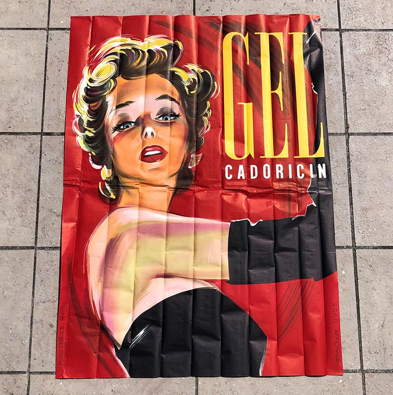 très grande affiche publicitaire gel cadoricin rouge femme 1950 publi service paris scad affichage femme