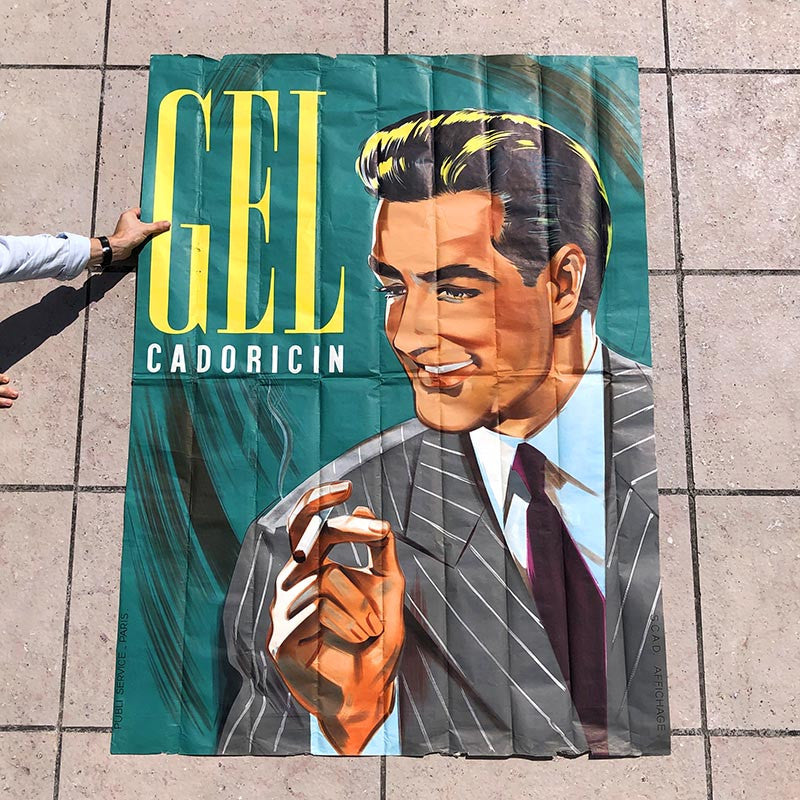 très grande affiche publicitaire gel cadoricin vert femme 1950 publi service paris scad affichage homme