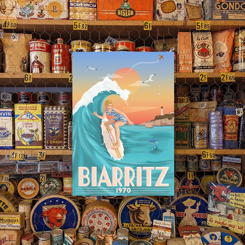 affiche marinette biarritz poster A2 A3 A4 surf plage vacances été surfing surfeur papier décoration cadre