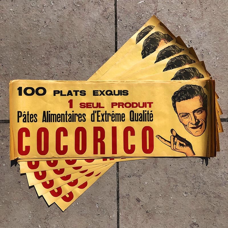 affiche papier publicitaire ancienne pâtes alimentaires cocorico 1950 1960 jaune épicerie illustration illustrée