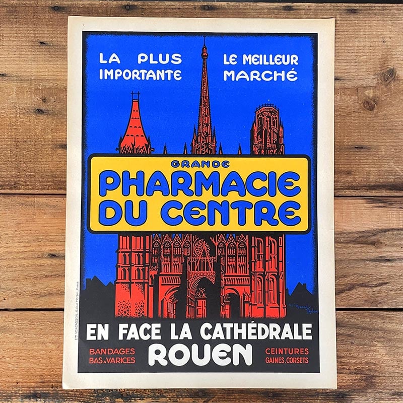 affiche ancienne pharmacie du centre cathédrale de rouen 1930 1940 vintage 1930 1940