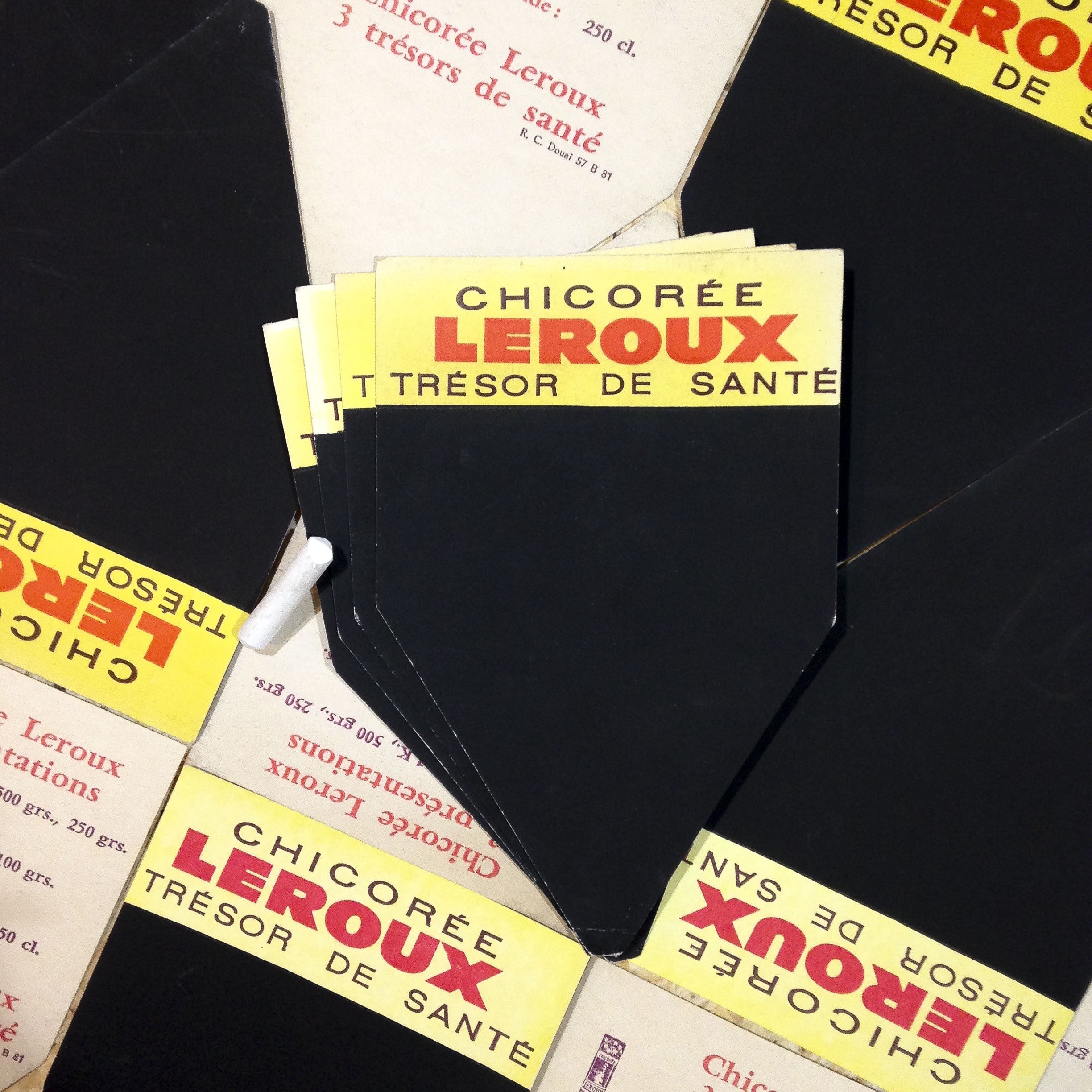 ardoise étiquette prix craie ancien vintage carton chicorée leroux épicerie 1960