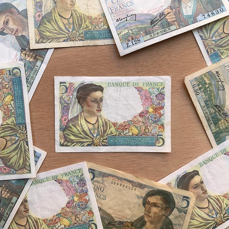 billet 5 francs berger 1943 1950 Guerre france ancien vintage collection papier illustration