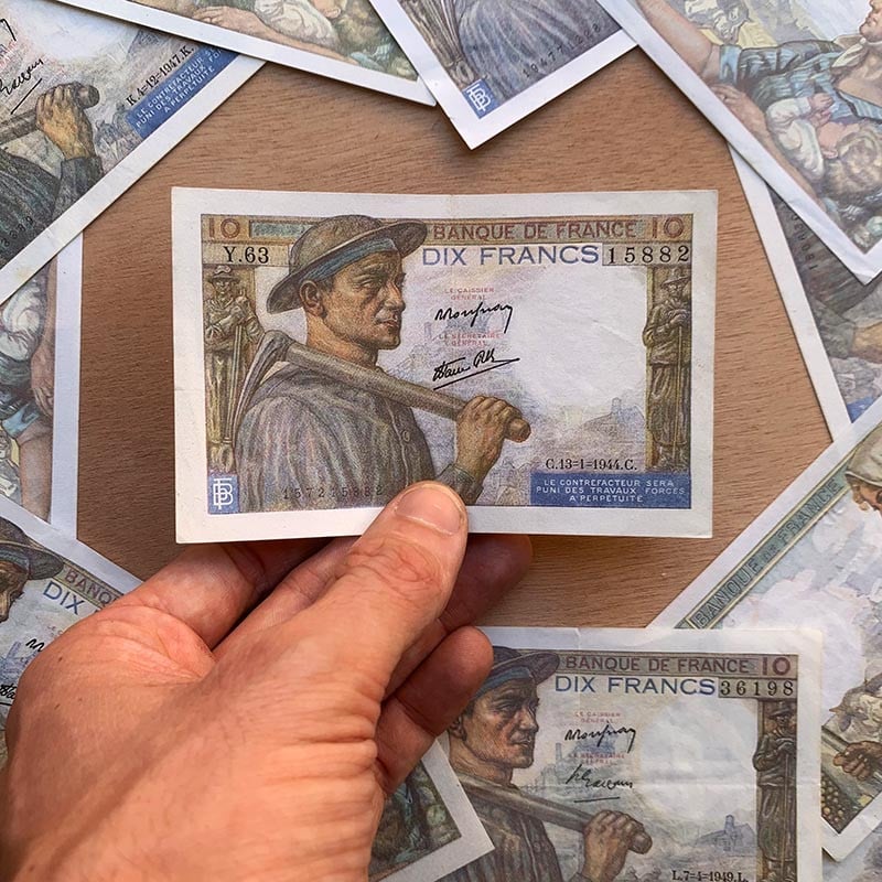 billet 10 francs mineur 1941 1951 Guerre france ancien vintage collection papier illustration mine