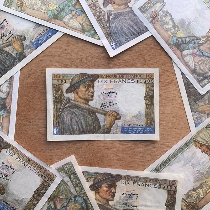 billet 10 francs mineur 1941 1951 Guerre france ancien vintage collection papier illustration mine