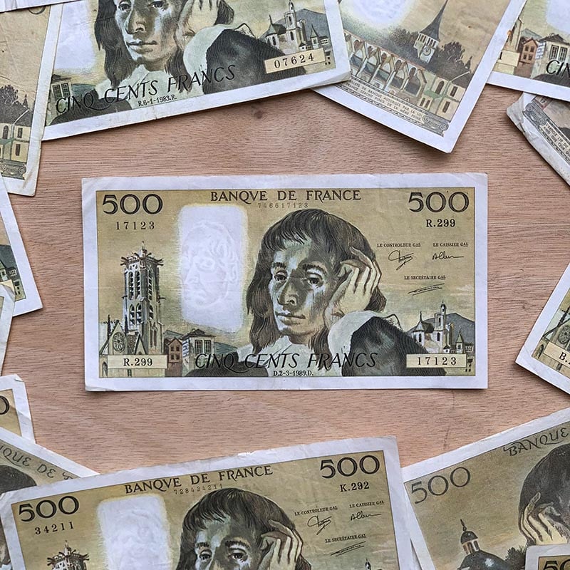 billet 500 francs pascal blaise pascaux france ancien vintage collection papier illustration gainsbourg