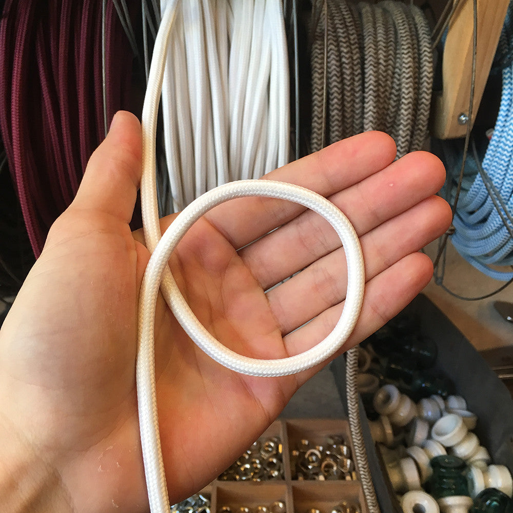 cable electrique fil textile vintage tissu blanc rond lampe luminaire decoration
