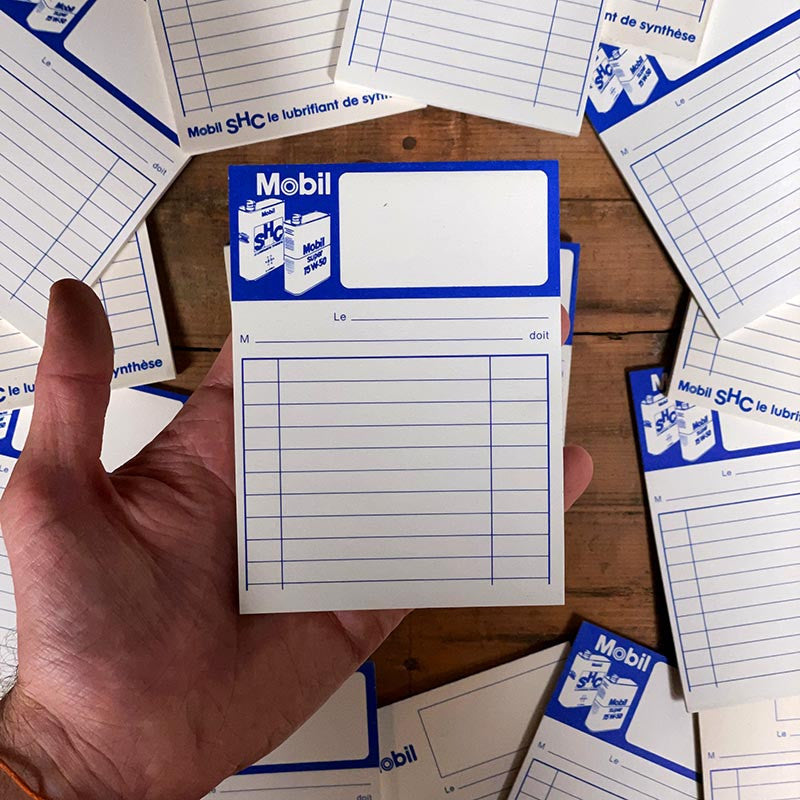 bloc notes ancien papier mobil shc huile 1970 1980 garage vintage