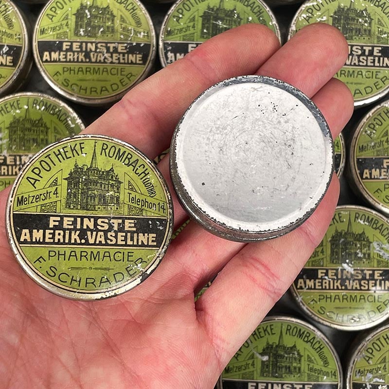 boite ronde métallique métal f schrader ancienne petite pharmacie 1930 amerik vaseline