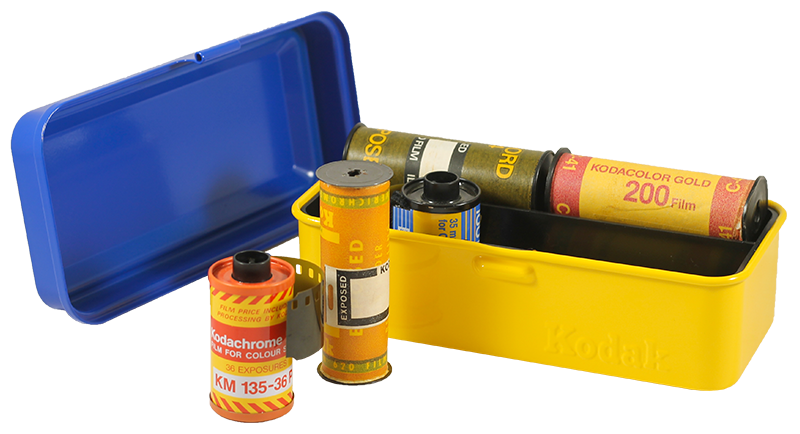boite de rangement kodak case grosse 120 moyen format grande pellicules 35mm métal métallique vintage argentique jaune et bleu