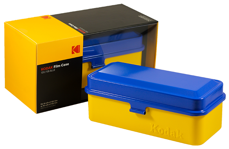 boite de rangement kodak case grosse 120 moyen format grande pellicules 35mm métal métallique vintage argentique jaune et bleu