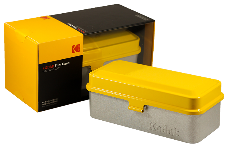 boite de rangement kodak case grosse 120 moyen format grande pellicules 35mm métal métallique vintage argentique jaune et argent