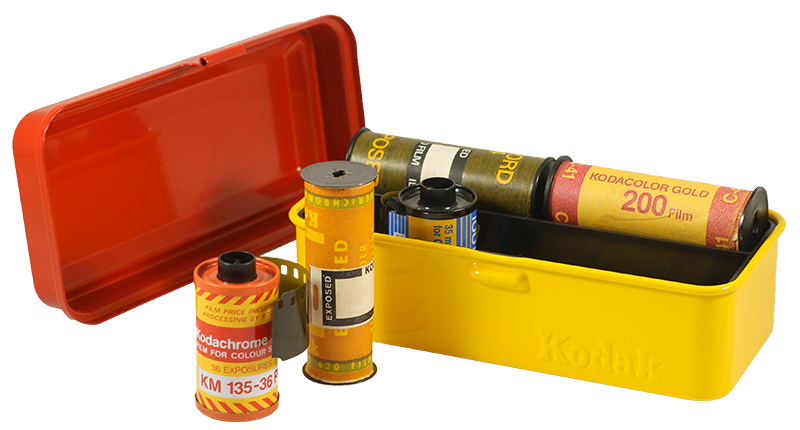 boite de rangement kodak case grosse 120 moyen format grande pellicules 35mm métal métallique vintage argentique jaune et rouge