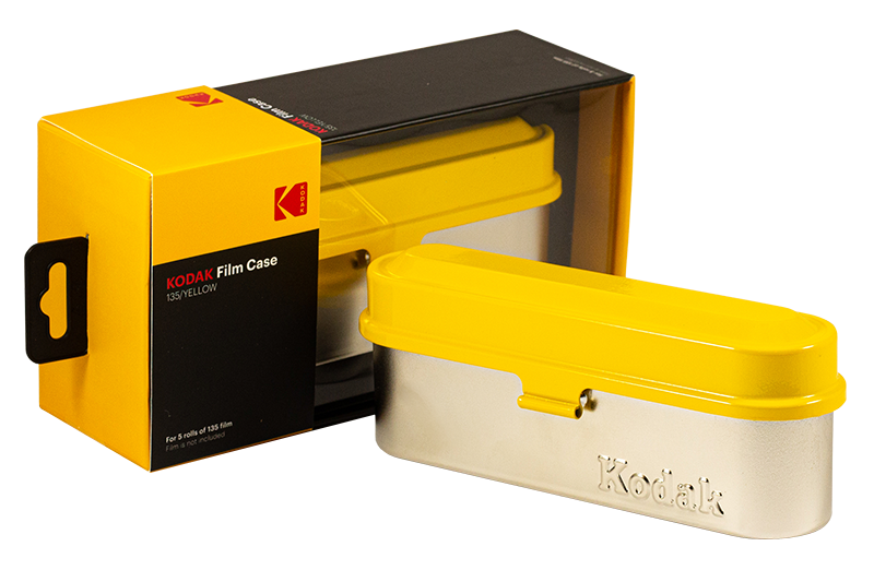 boite de rangement kodak case 5 pellicules 35mm métal métallique vintage argentique jaune et argent