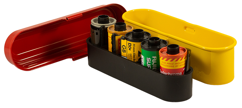 boite de rangement kodak case 5 pellicules 35mm métal métallique vintage argentique rouge et jaune