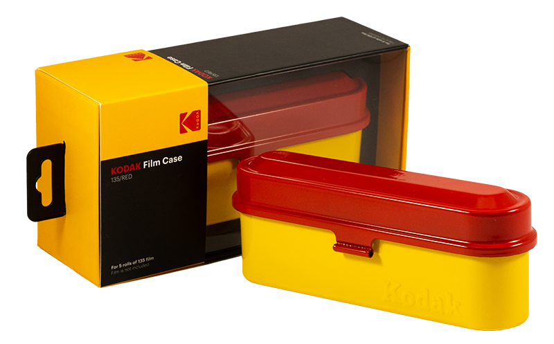 boite de rangement kodak case 5 pellicules 35mm métal métallique vintage argentique rouge et jaune
