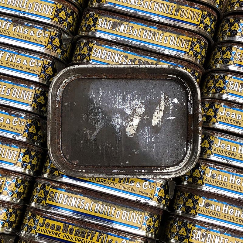 boite sardines conserve huile ancienne jean henaff audierne pouldreuzic 1950 vintage lithographie notre dame de pen hors