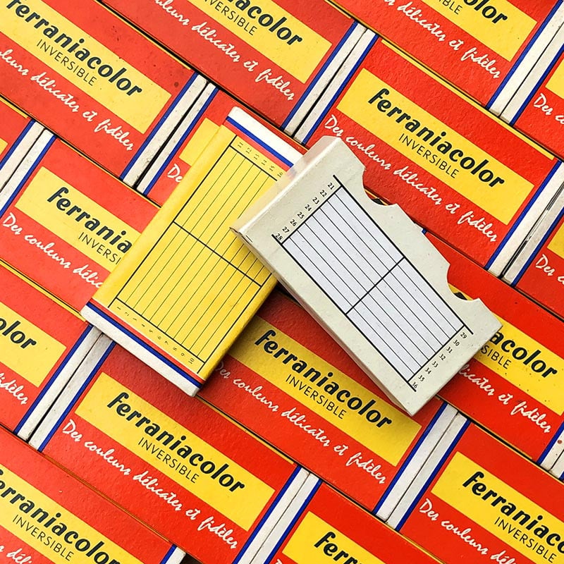 boite ferrania ferraniacolor inversible rangement diapo film pellicule argentique slide 1950 laboratoire photo
