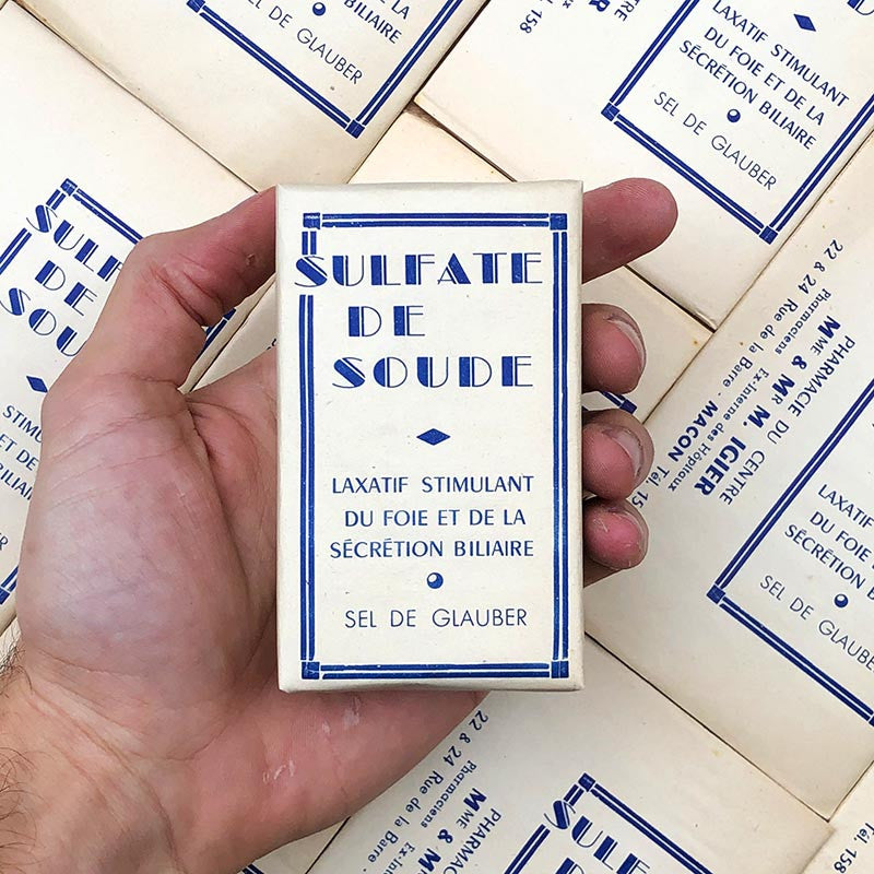 boite de pharmacie ancienne sulfate de soude laxatif sel de glauber blanc vintage 1930 1940 igier macon saone et loire