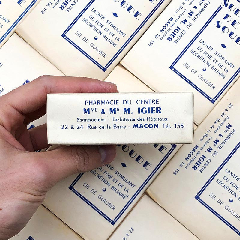 boite de pharmacie ancienne sulfate de soude laxatif sel de glauber blanc vintage 1930 1940 igier macon saone et loire