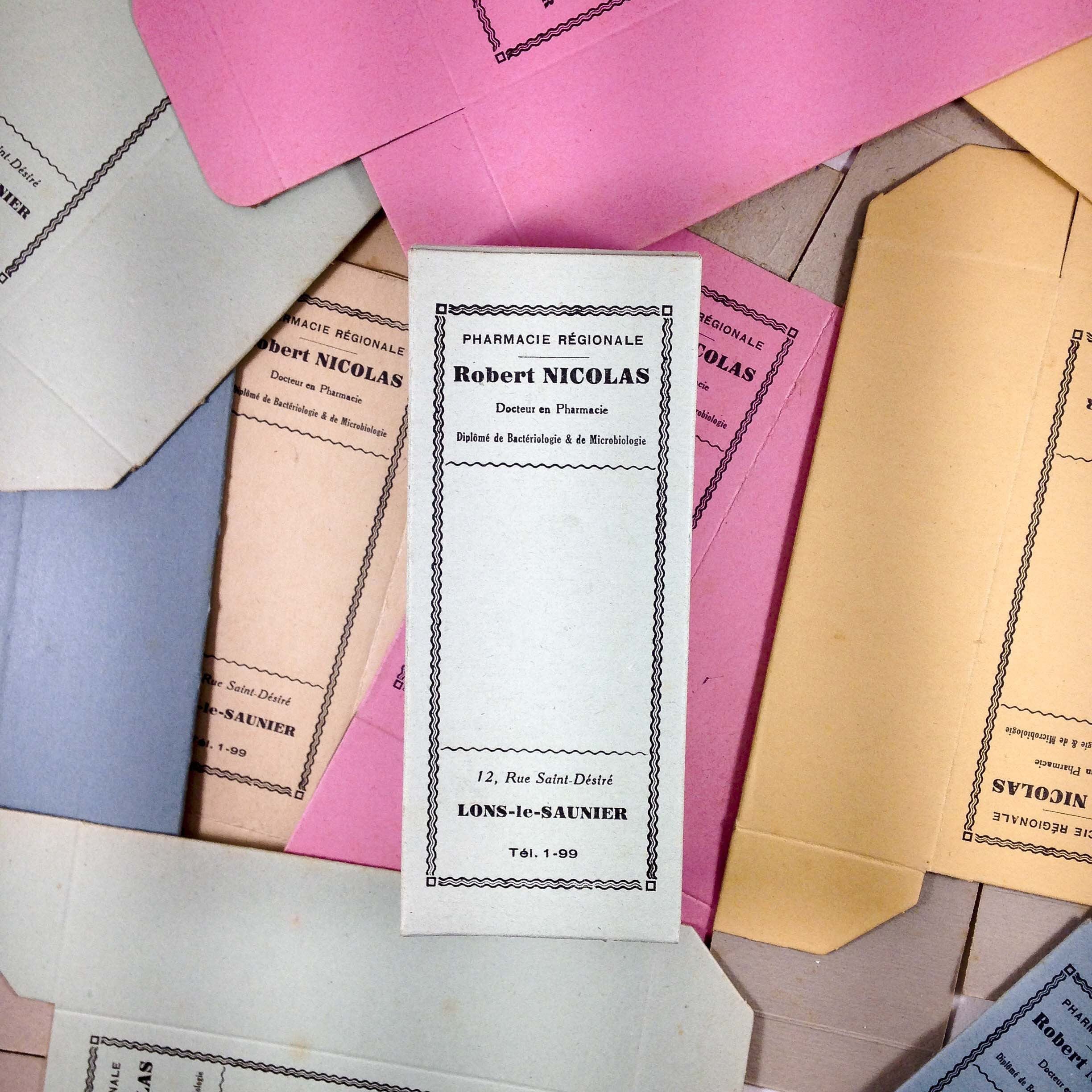 boite colorée multicolore longue carton pharmacie médicament santé ancien vintage robert nicolas 1940
