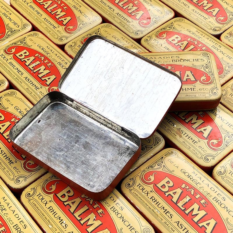 boite coffret pate balma toux rhumes gorges maladies coffret ancien vintage jaune et rouge pharmacie 1930 bourg ain