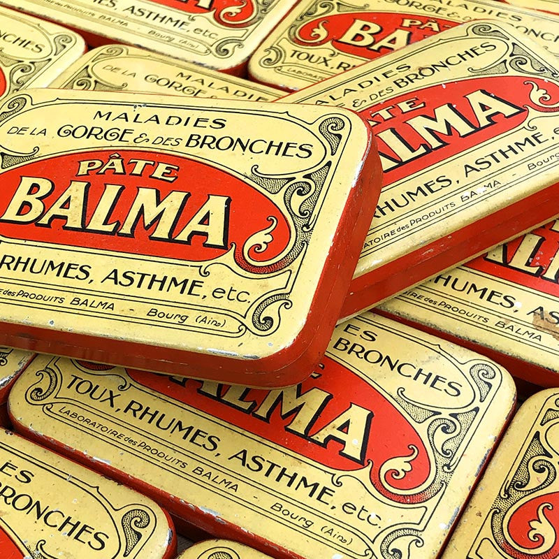 boite coffret pate balma toux rhumes gorges maladies coffret ancien vintage jaune et rouge pharmacie 1930 bourg ain