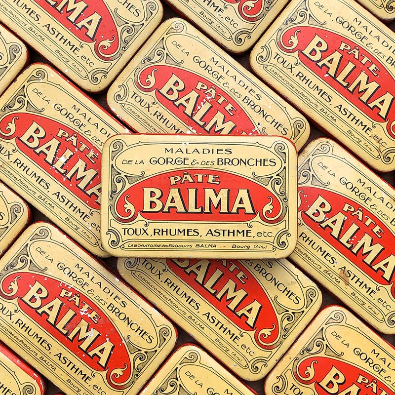 boite coffret pate balma toux rhumes gorges maladies coffret ancien vintage jaune et rouge pharmacie 1930 bourg ain