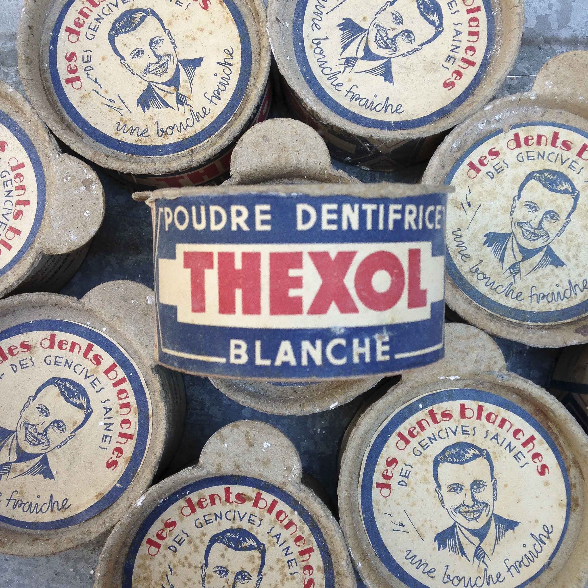 poudre blanche dentifrice thexol ancien vintage pharmacie 1940