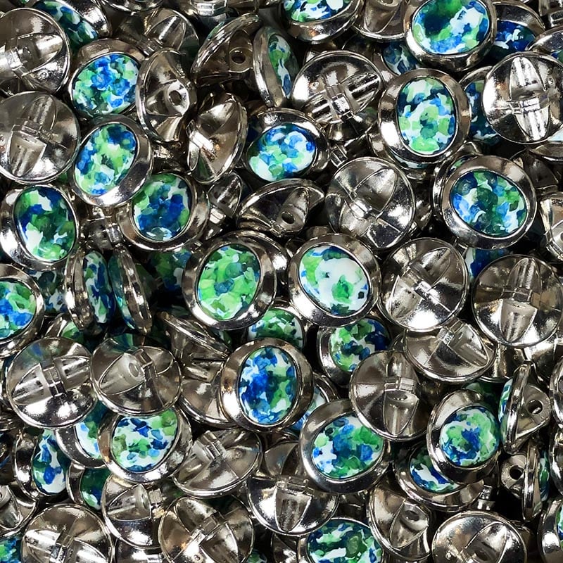 bouton ancien plastique bleu et argenté rond arrondi vintage 1970 1980 18mm