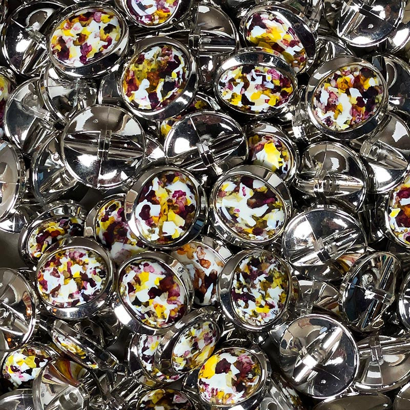 bouton ancien plastique jaune violet marron et argenté rond arrondi vintage 1970 1980 22mm